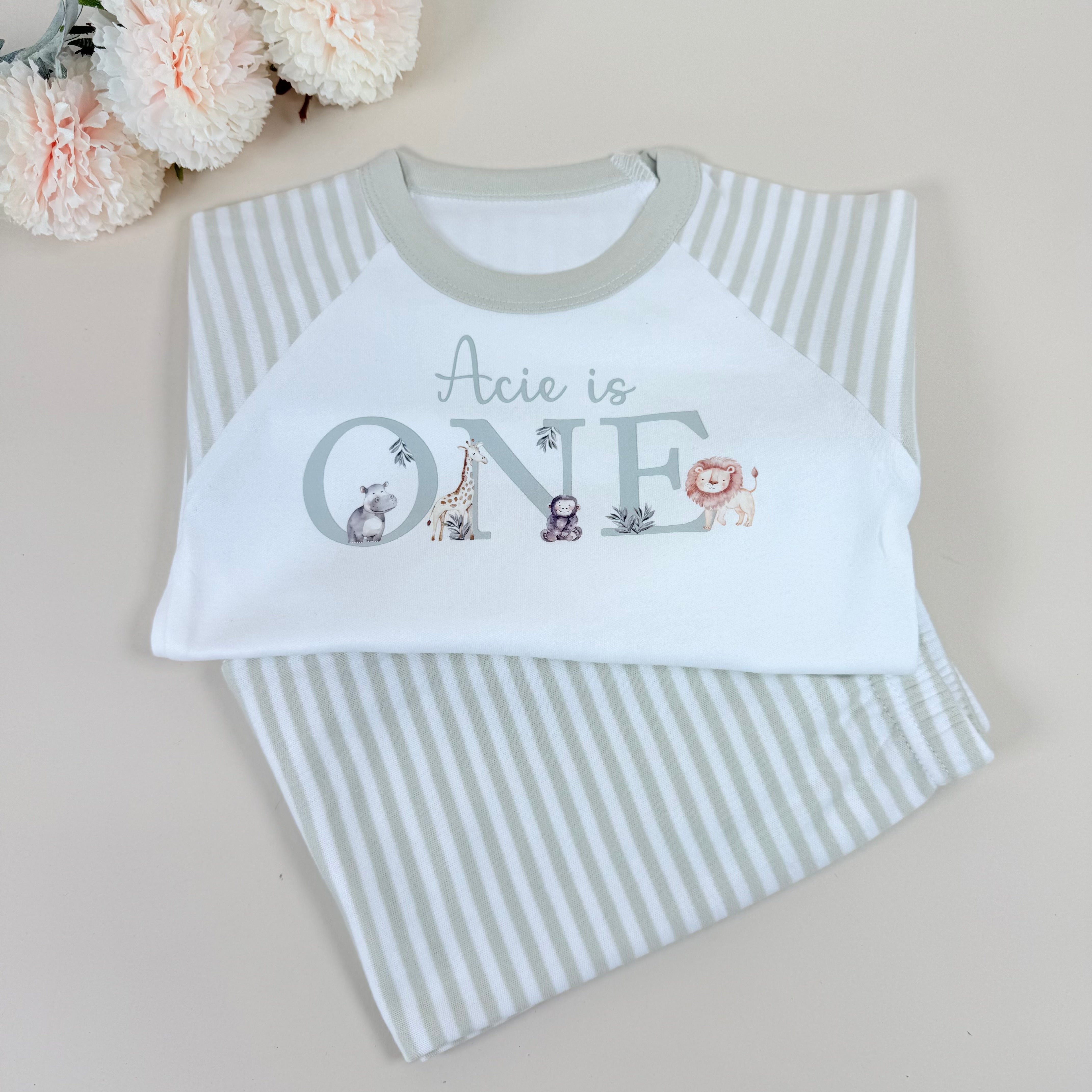 Sage Green Striped - Children's Birthday Pyjamas