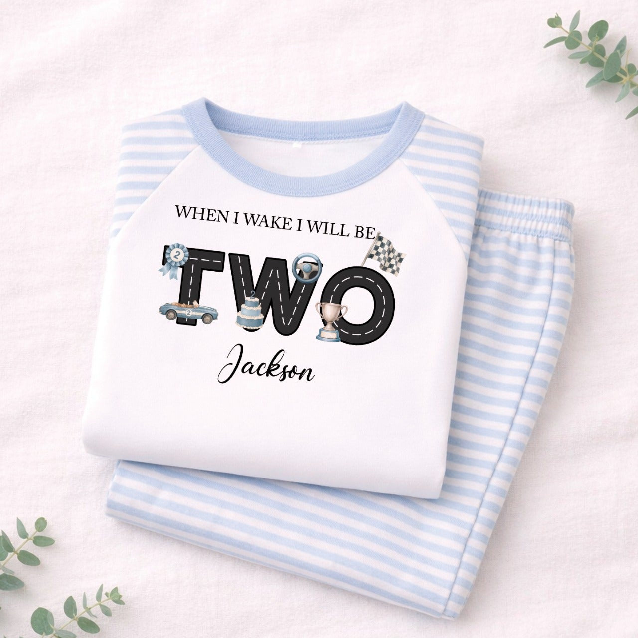 Children's t-shirt with 'When I wake I will be TWO Jackson' text on a light background