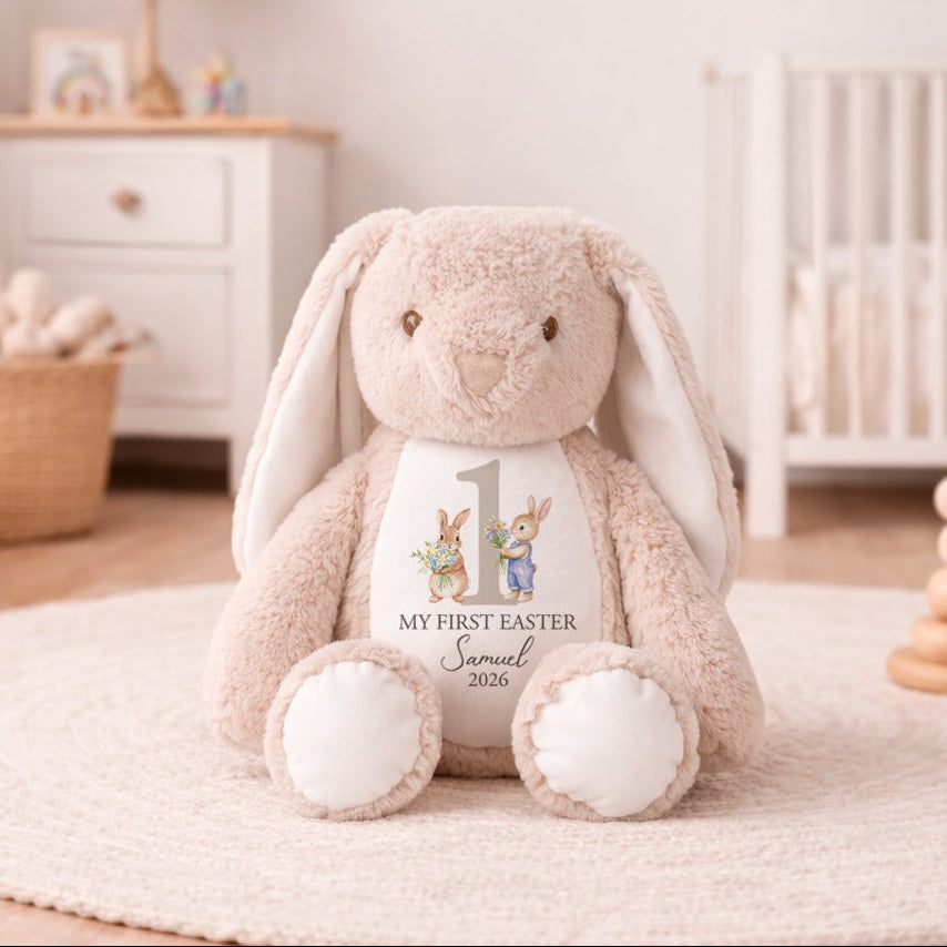 Plush bunny toy with 'My First Easter' message in a nursery setting