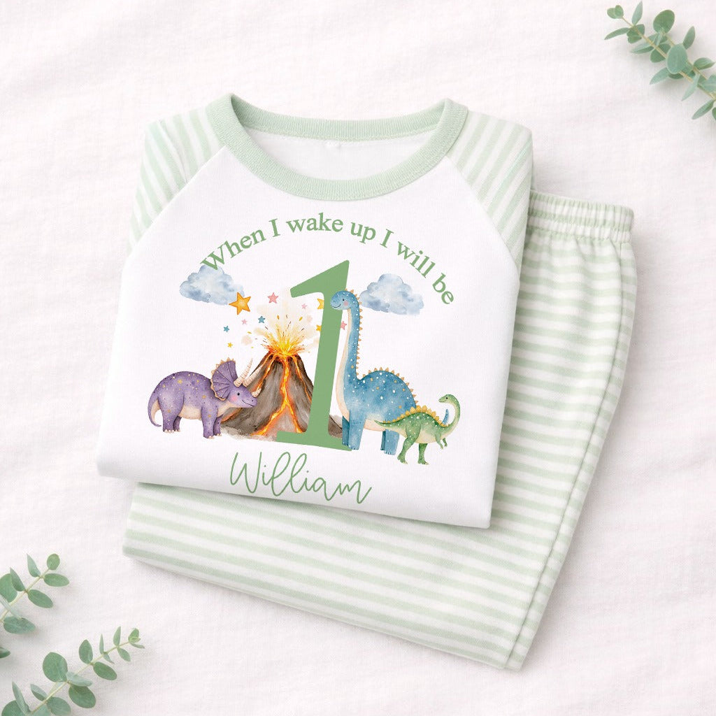 Children's outfit with dinosaur-themed design and text on a white background