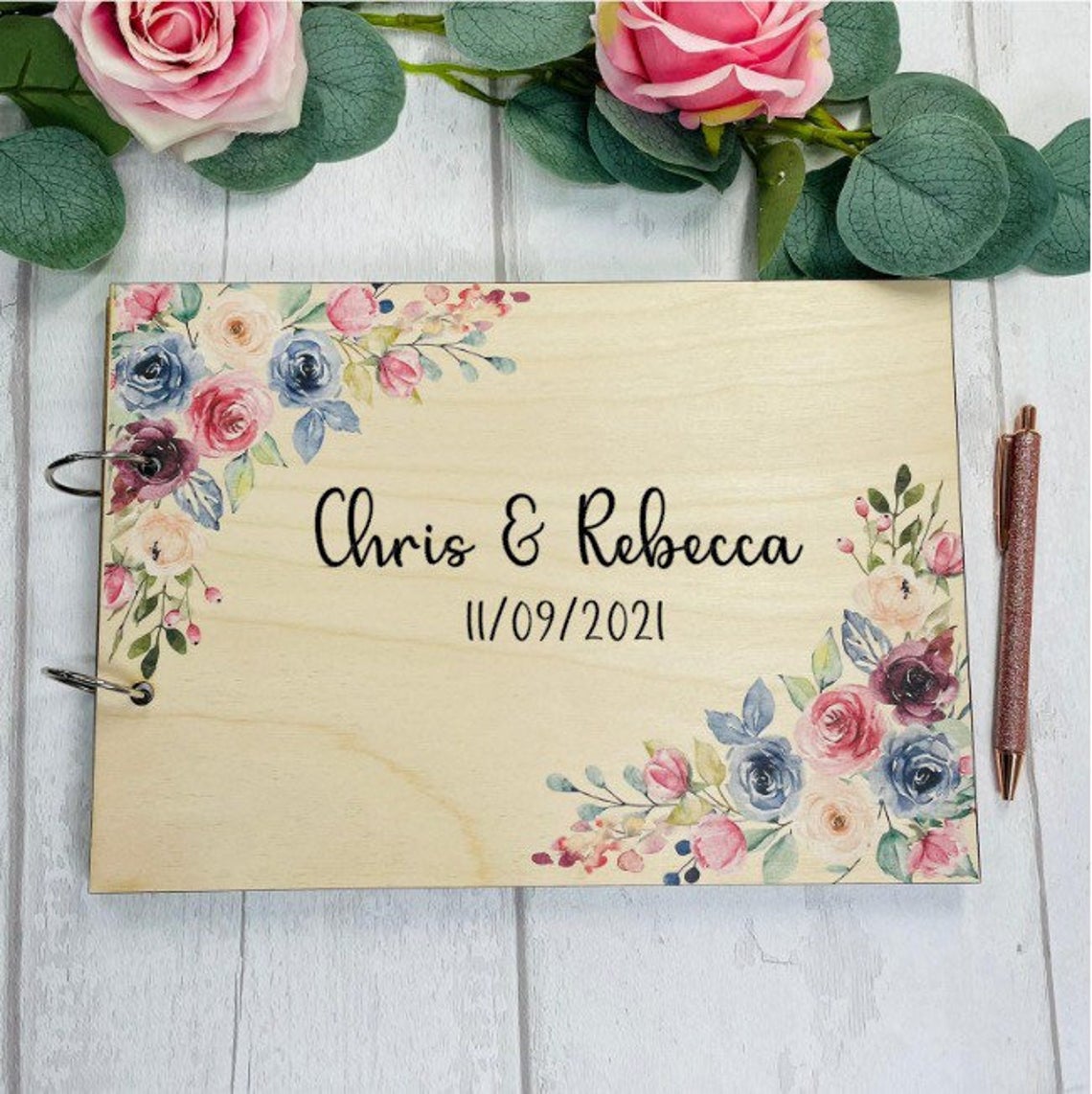 Floral Rustic Wooden Wedding Guest Book