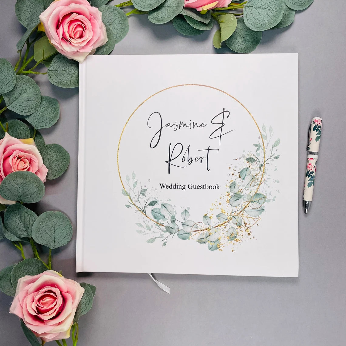 Floral Gold Hoop Wedding Guest Book - Lavender Eight