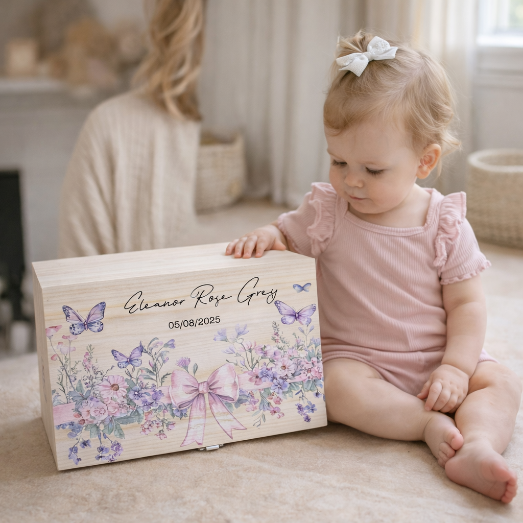 Keepsake Wooden Box - Pastel floral and Butterflies