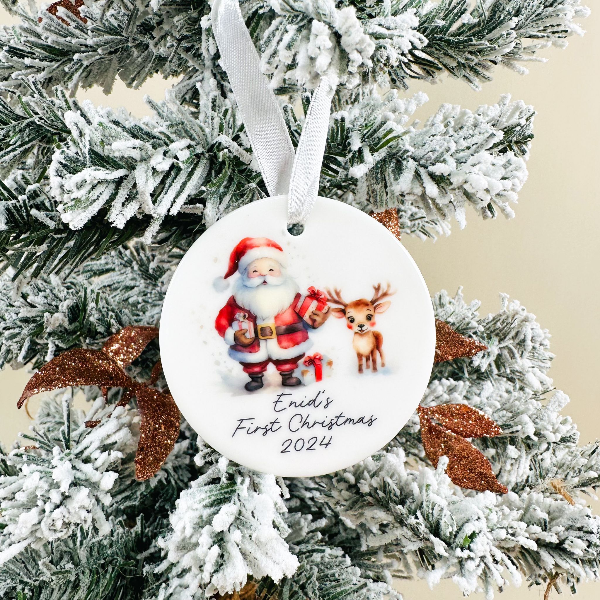 Santa and Reindeer Christmas Ceramic Bauble