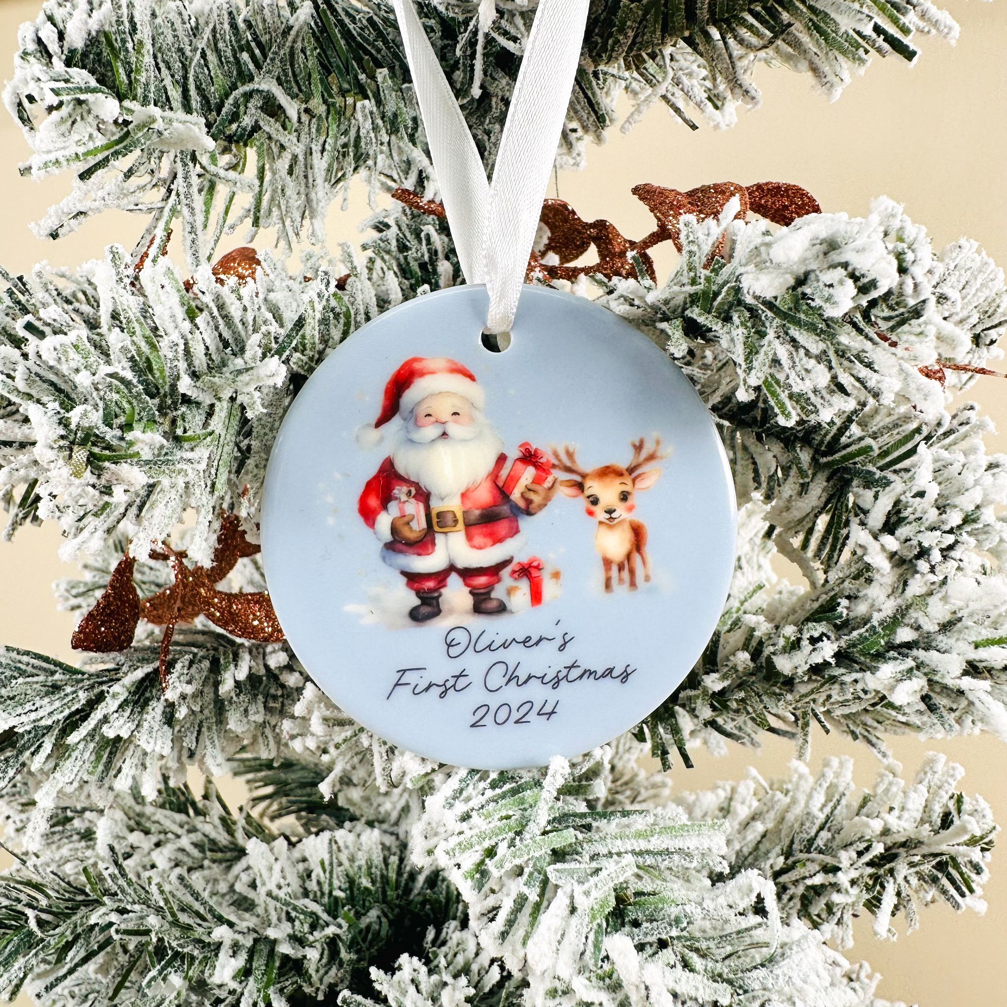 Santa and Reindeer Christmas Ceramic Bauble