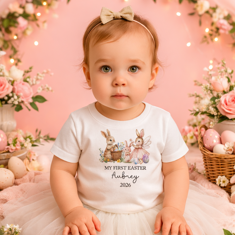 Baby in a 'My First Easter' outfit surrounded by Easter decorations on a pink background
