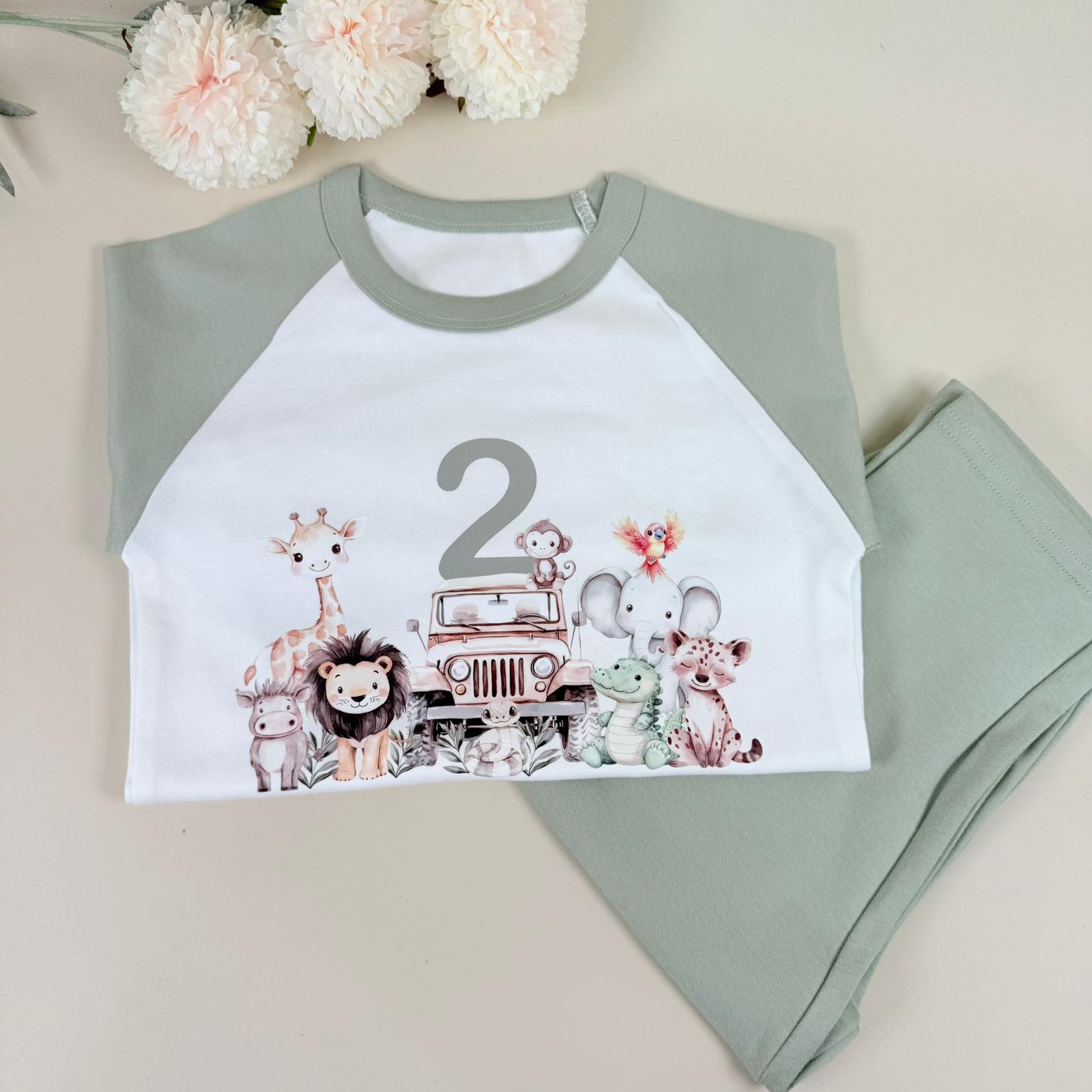 Sage Green - Birthday Pyjamas - Safari Animals