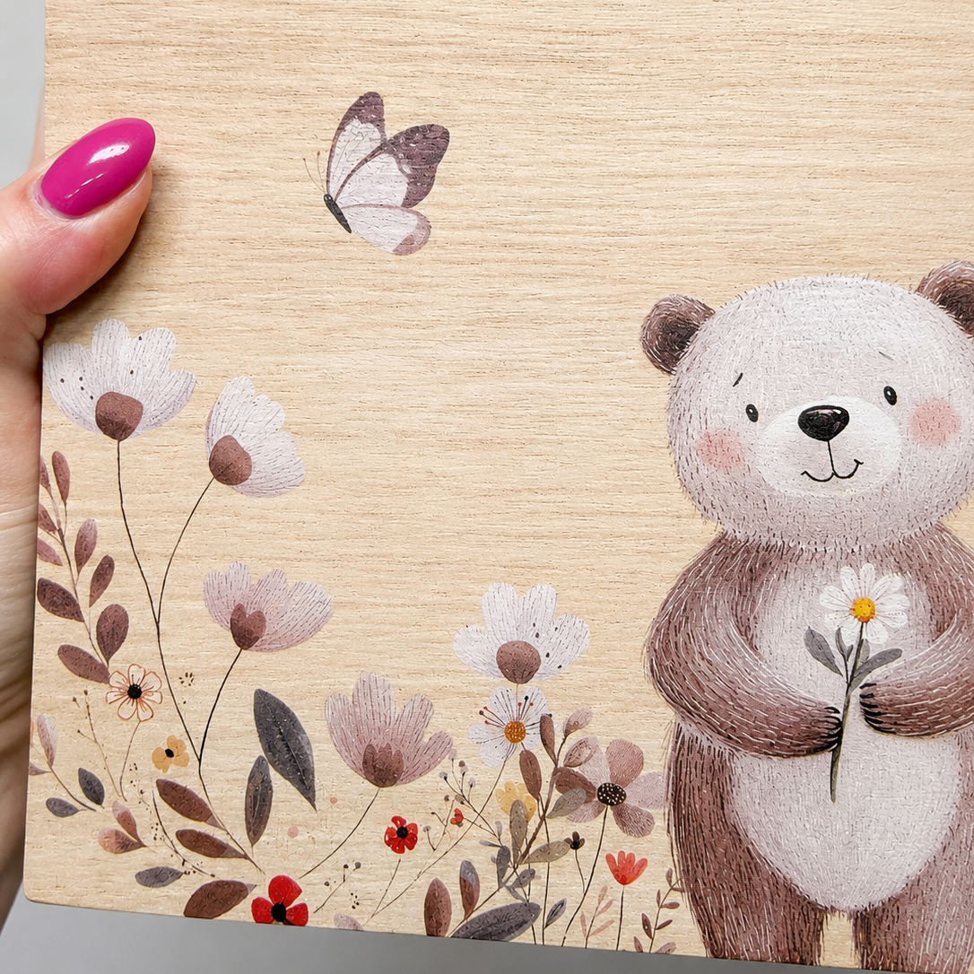 Notebook with a bear illustration holding a flower, surrounded by flowers and butterflies on a beige background.