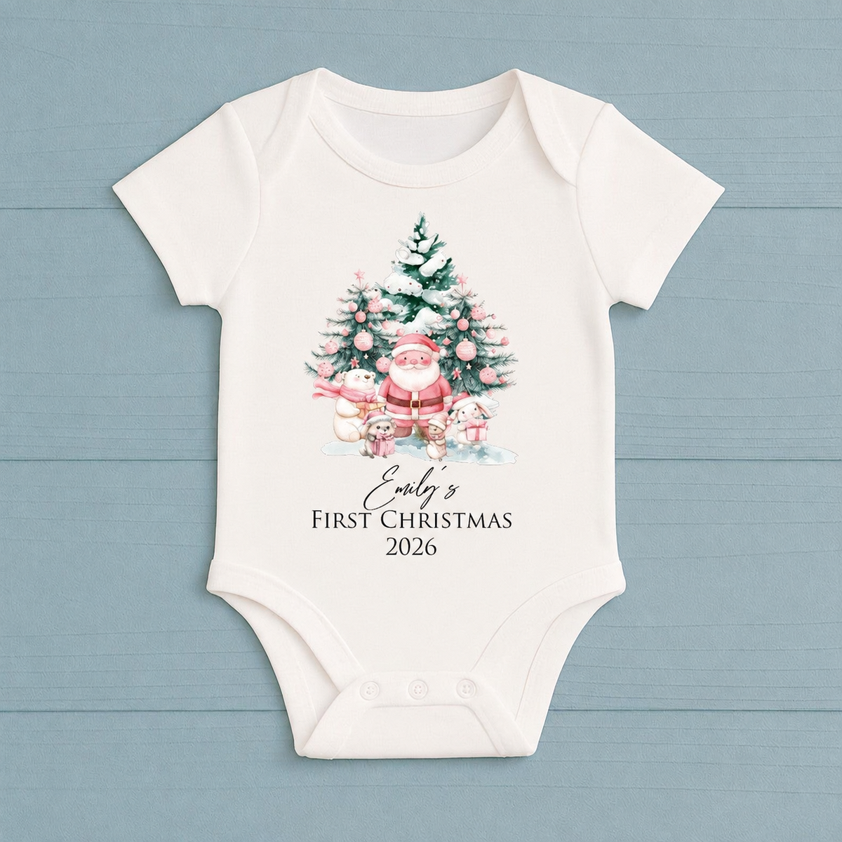 Personalised baby vest with Santa and friends, Emily's First Christmas 2026