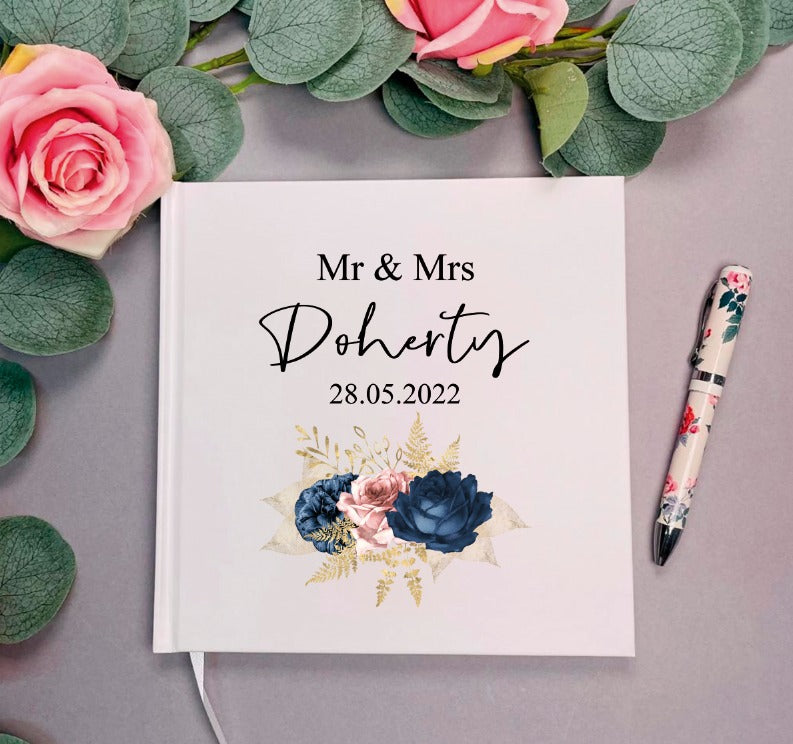 Navy Flowers Square Wedding Guest Book