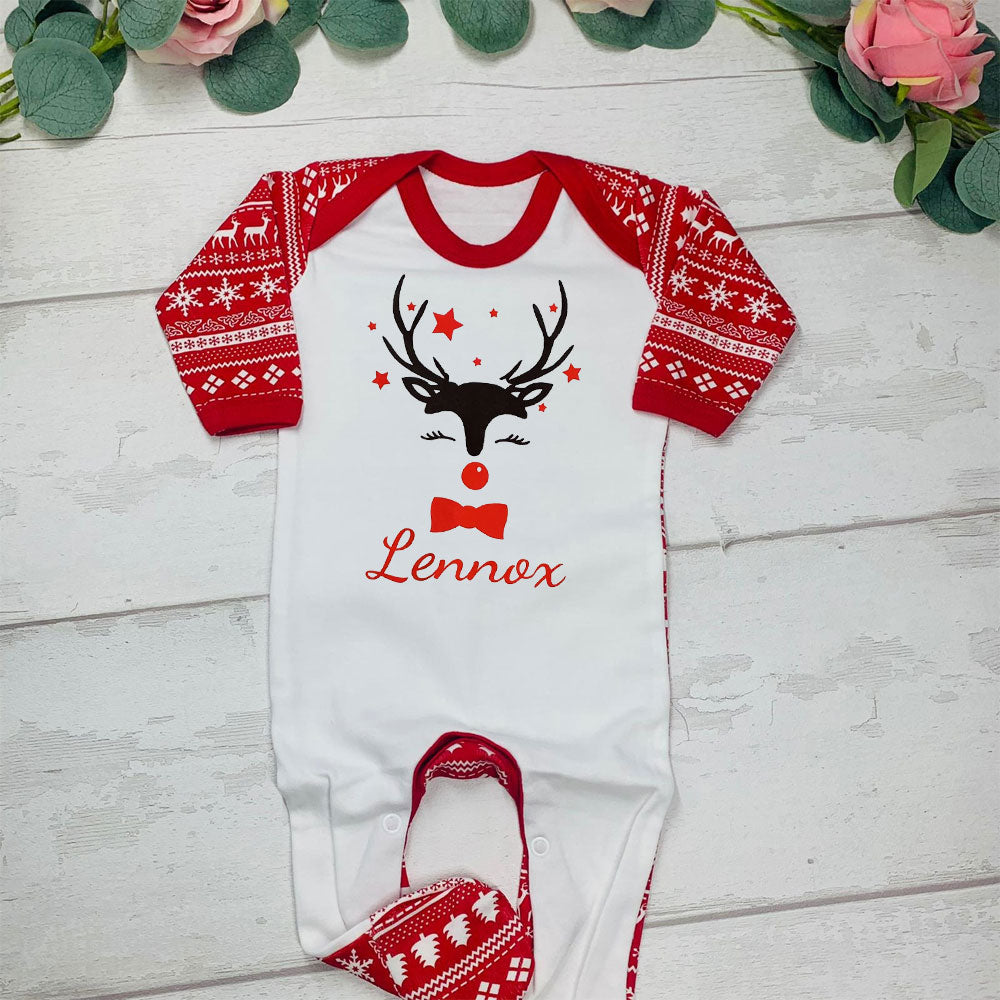 Reindeer Baby Grow Red Pattern