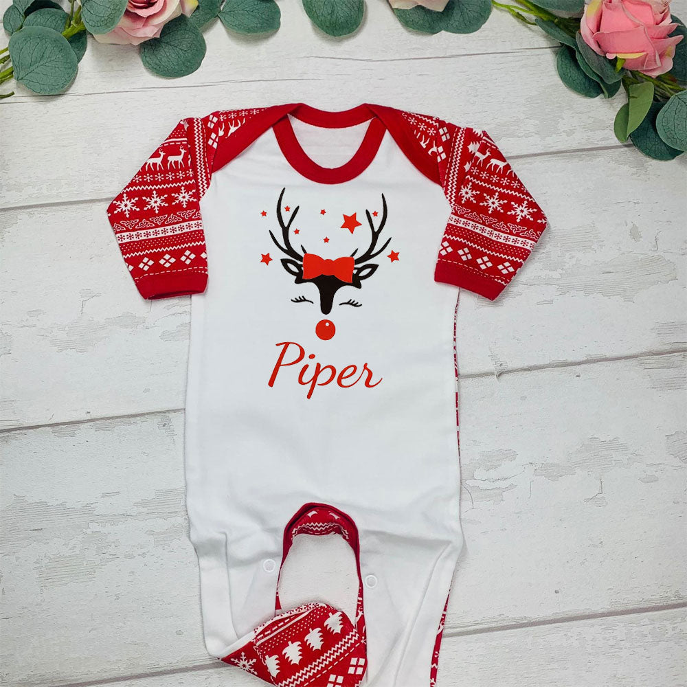 Reindeer Baby Grow Red Pattern