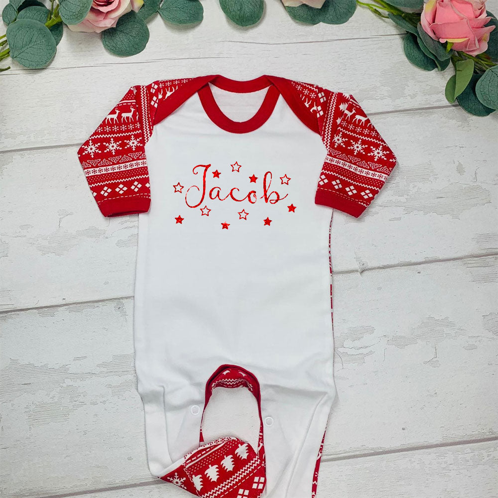 Name & Stars Baby Grow Red Pattern