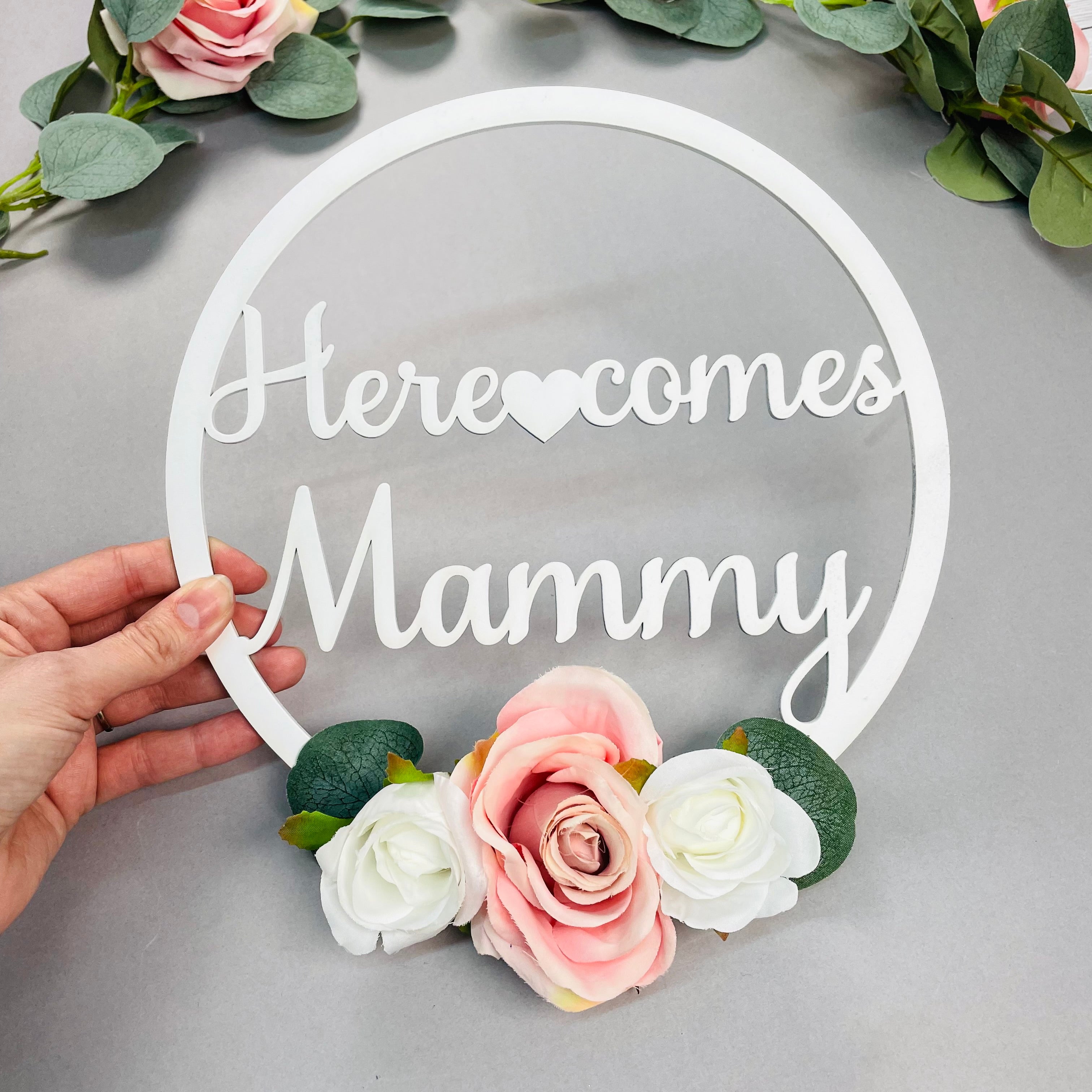 Here Comes NAME Floral Hoop Sign